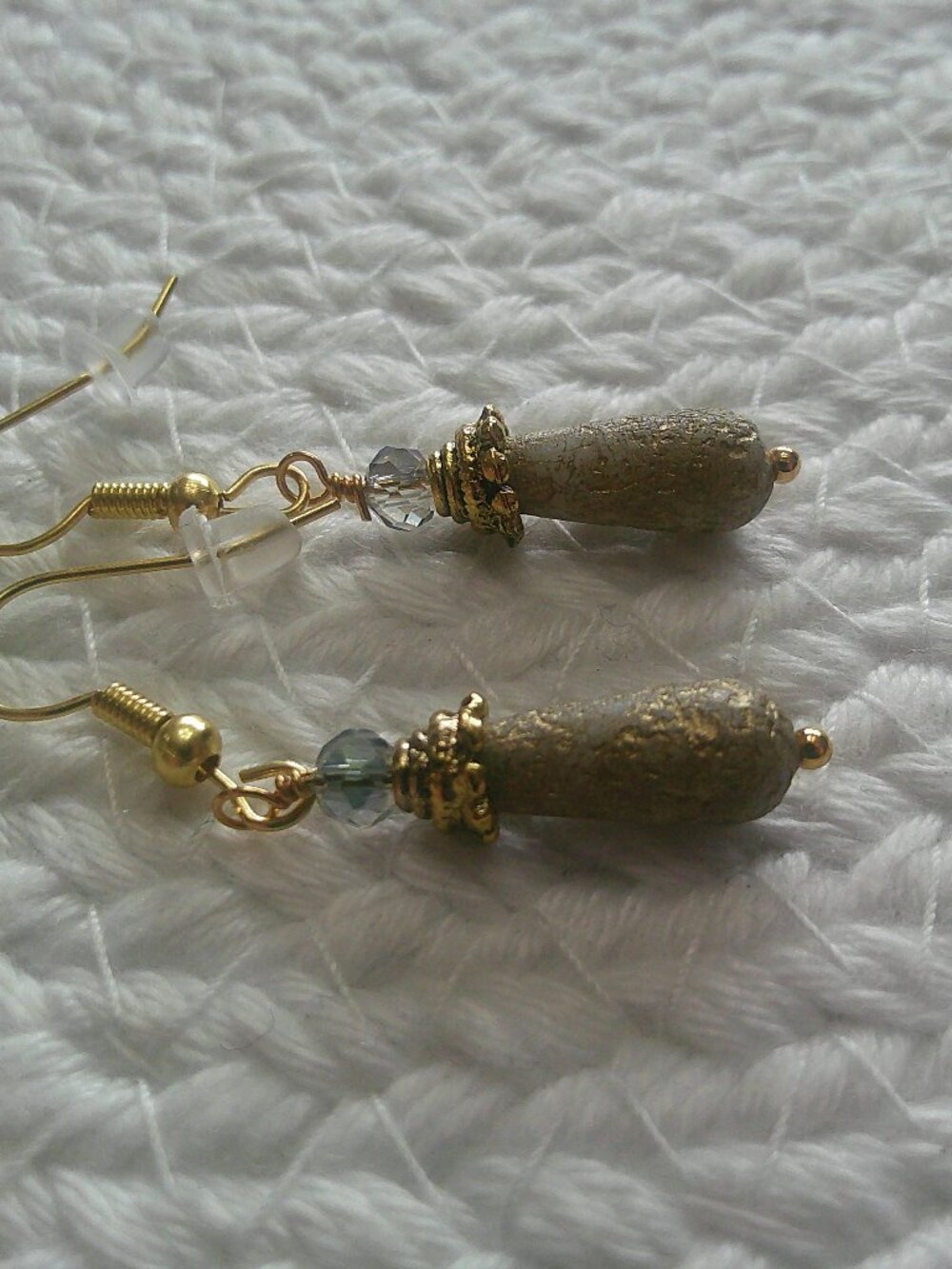 Stunning GREEN & GOLD RESIN with CRYSTAL Handmade Gold Dangle Earrings #318F